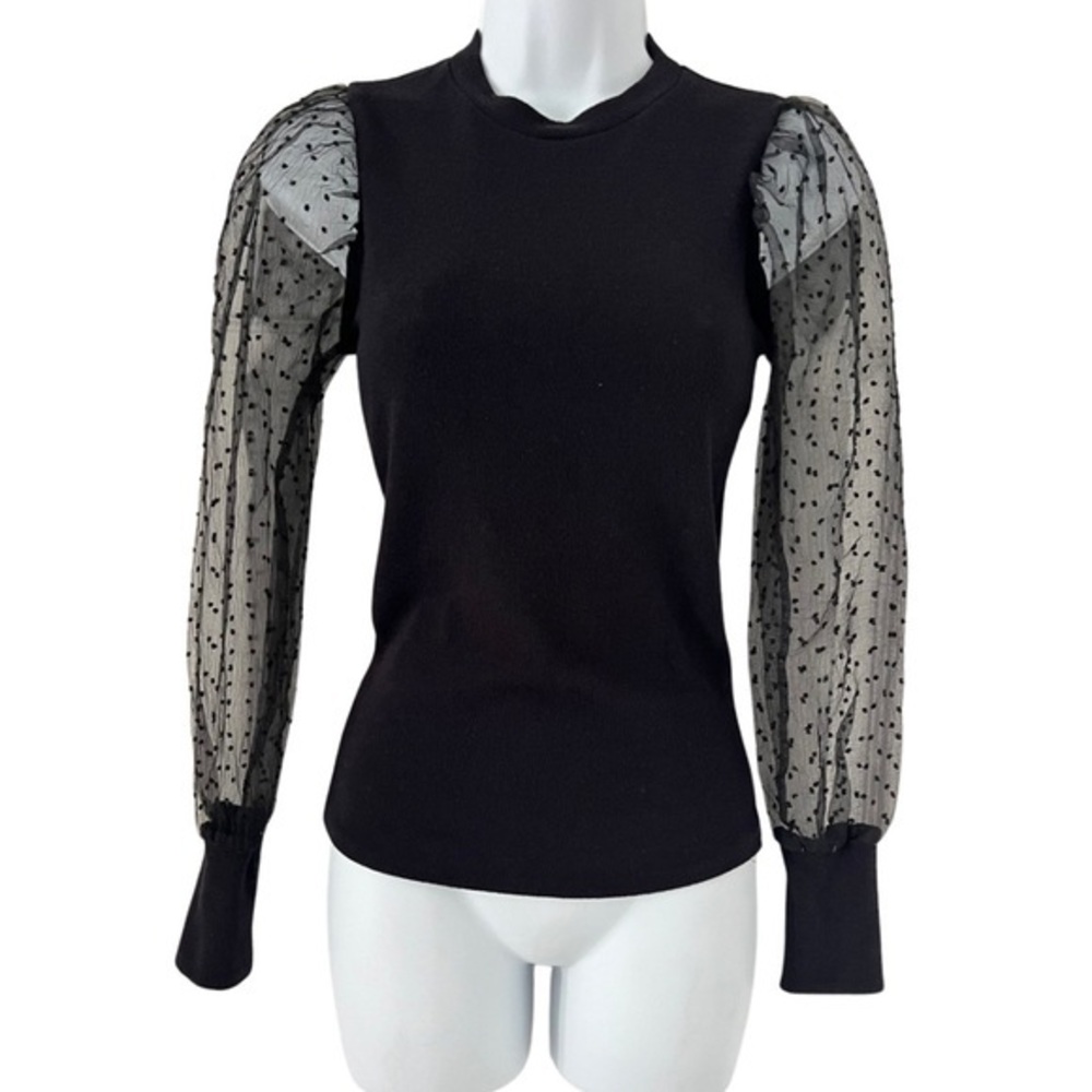 Mi Ami Francesca’s Clip Dot Puff Sheer Long Sleeve Blouse | Black | XS